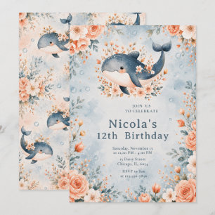 Floral Whale Birthday  Invitation