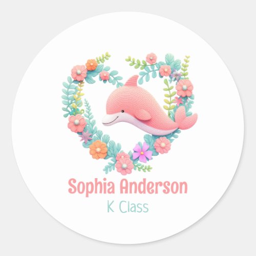Floral Whale Heart Love Back To School Name Classic Round Sticker