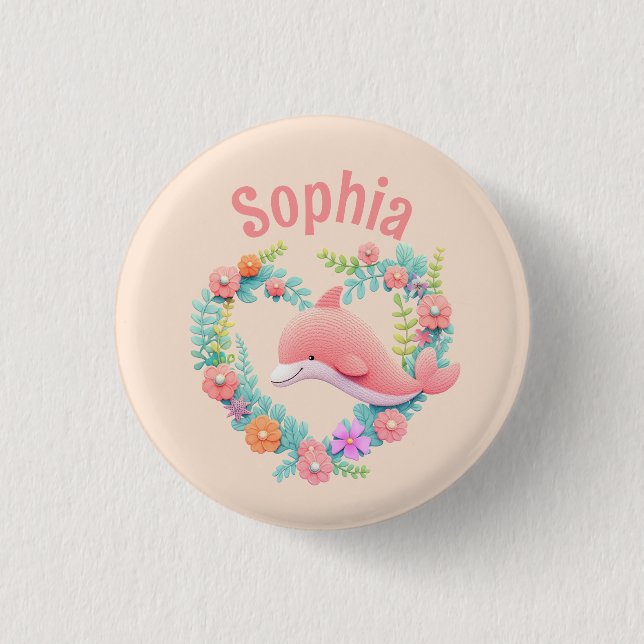 Floral Whale Heart Love Name Button (Front)