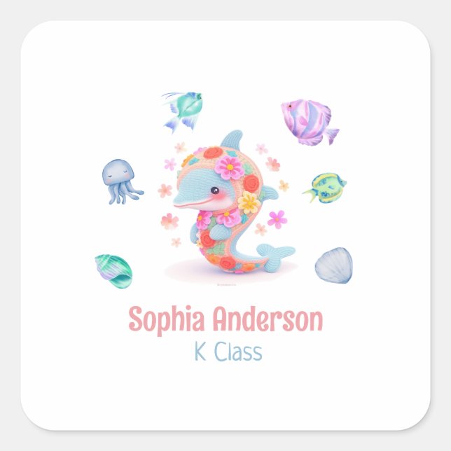 Floral Whale Sea Theme Back To School Name Square Sticker (Front)