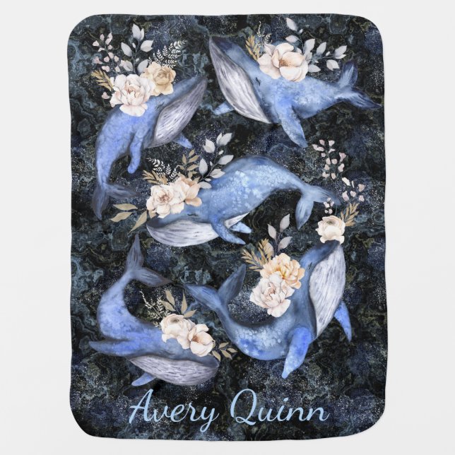 Floral Whales with Flower Crowns Personalize Name Baby Blanket (Front)