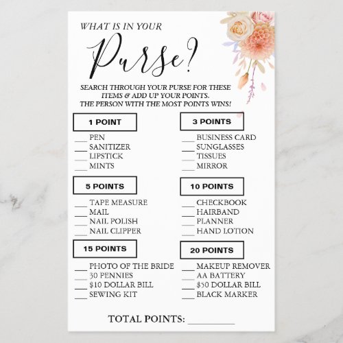 Floral What is in your purse Shower game card Flyer