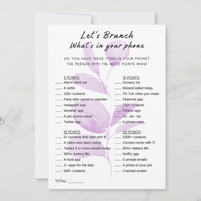 Floral What's In Your Phone Brunch Party Game Invitation (Front)