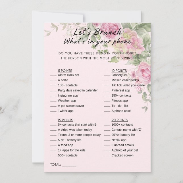 Floral What's In Your Phone Brunch Party Game Invitation (Front)