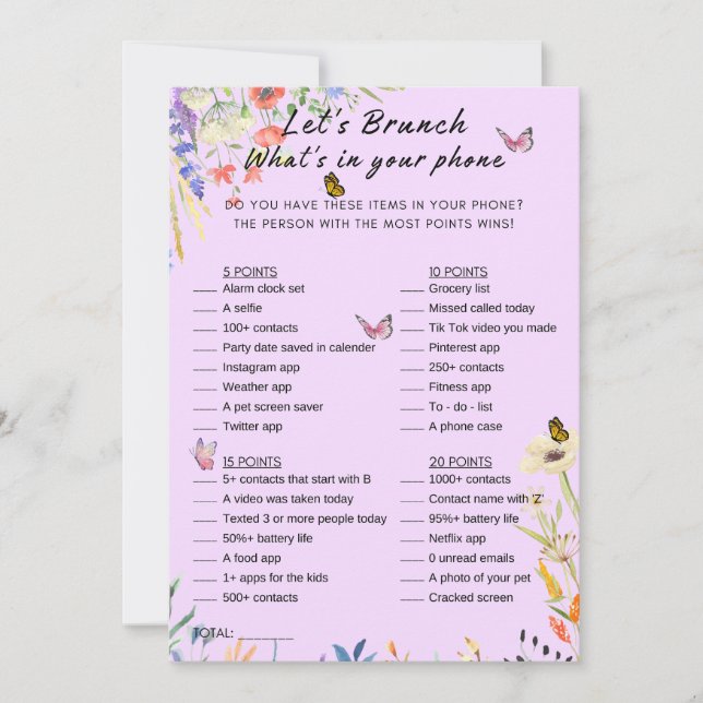 Floral What's In Your Phone Brunch Party Game Invitation (Front)