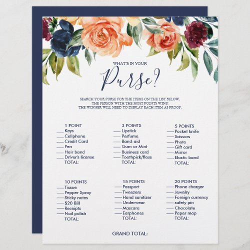 Floral Whats in your Purse Bridal Shower Game