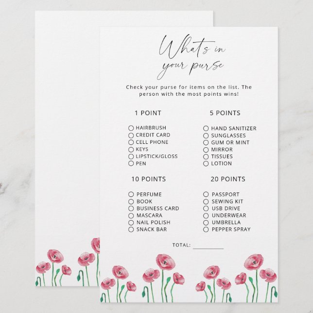 Floral what's in your purse game (Front/Back)