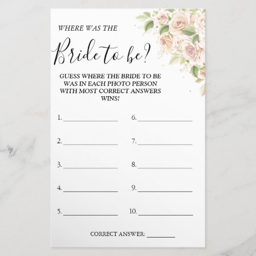 Floral Where was She Bridal shower game card Flyer