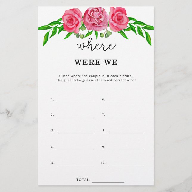 Floral Where were we bridal shower game (Front)