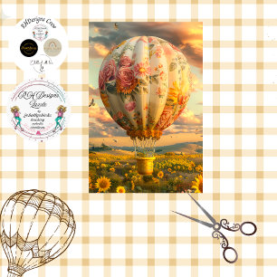 Floral Whimsical Hot Air Balloon Decoupage,  Tissue Paper