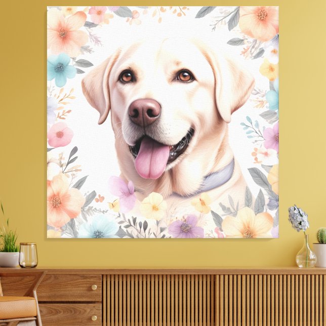 Floral Whimsical Labrador Retriever Illustration Canvas Print (Insitu(LivingRoom))