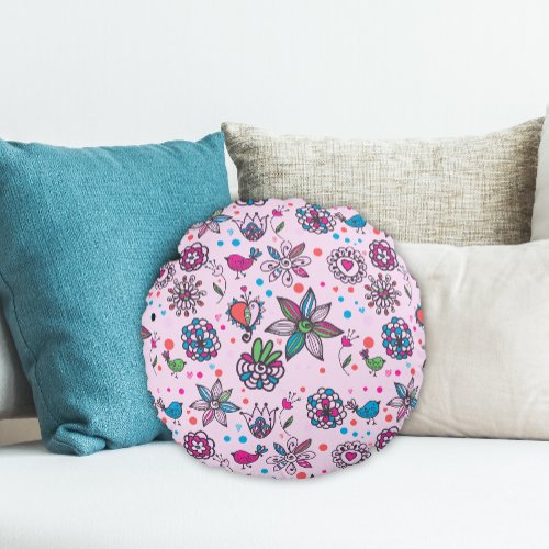 Floral Whimsy Cute Birds and Flowers Pink Round Pillow