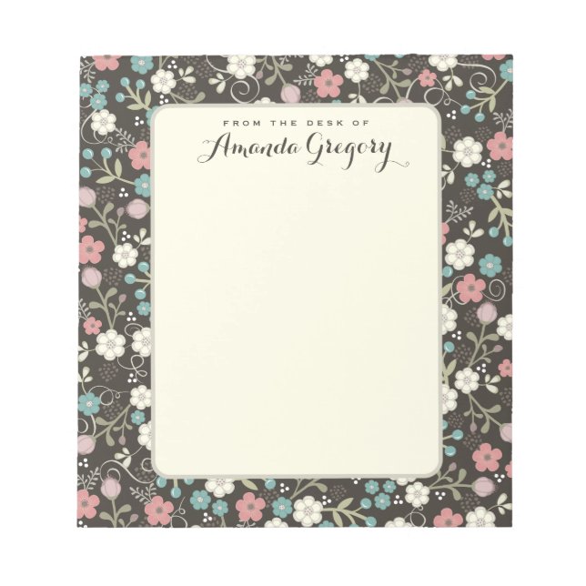 Floral Whimsy Personalized Desk Notepad | Black (Front)