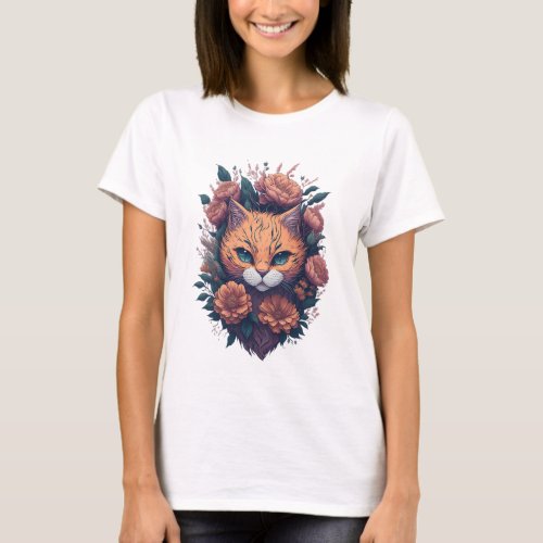 Floral Whiskers A Serenade Of Feline Beauty Cat  T_Shirt