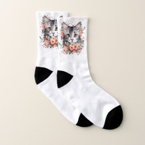 Floral Whiskers Cat Face with flowers Socks