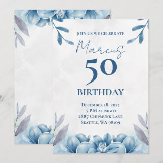 Floral White and Blue 50th Birthday Invitation