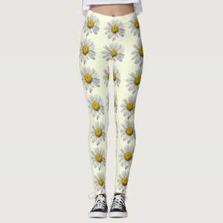 Floral White and Yellow Daisy Flower Leggings