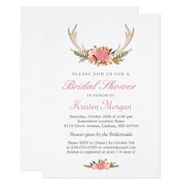 Floral White Antler Boho Chic Bridal Shower Invitation