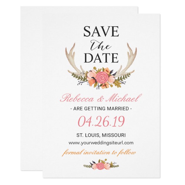 Floral White Antler Boho Wedding Save The Date Card