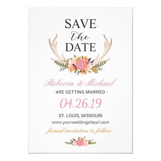 Floral White Antler Boho Wedding Save The Date Card
