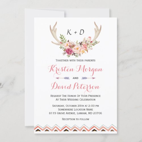 Floral White Antler Ethnic Boho Decor Wedding Card
