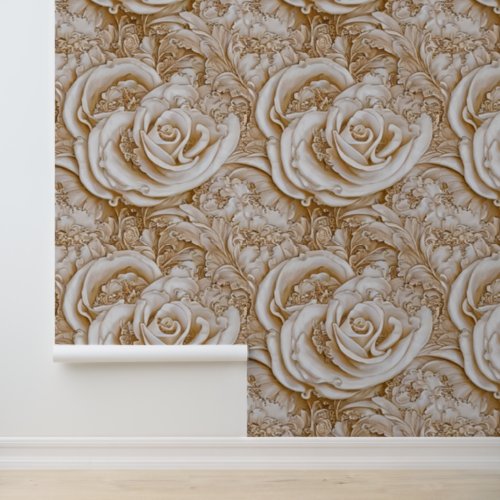 Floral white beige cream peony rose 3D pattern Wallpaper