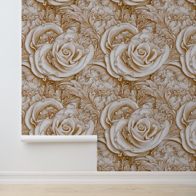 Floral white beige cream peony rose 3D pattern Wallpaper (Application)