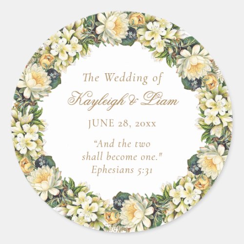 Floral White Bible Verse Christian Wedding Classic Round Sticker