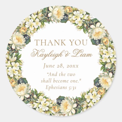 Floral White Bible Verse Christian Wedding Favor Classic Round Sticker