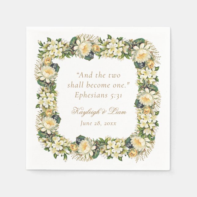 Floral White Bible Verse Christian Wedding Napkins (Front)
