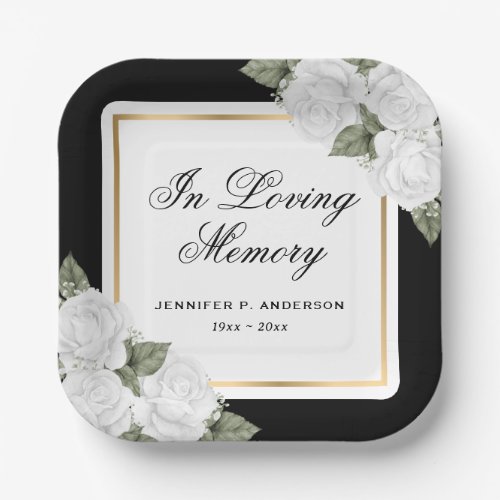 Floral White Black Gold In Loving Memory Paper Plates