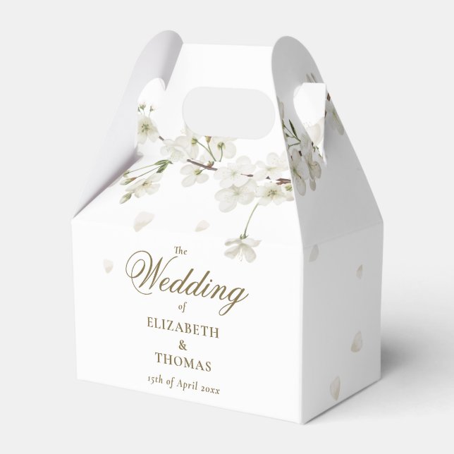  Floral White Blossom Gold Script Wedding Favor Boxes (Front Side)