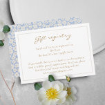 Floral White & Blue Wedding Gift Registry  Enclosure Card<br><div class="desc">Chic and youthful. This lovely wedding gift registry card features all the detail at the front and a lovely dusty blue floral back with a chic set of trendy fonts in a warm golden color. This item forms part of a wedding suite which includes invitations and other products. Customize to...</div>