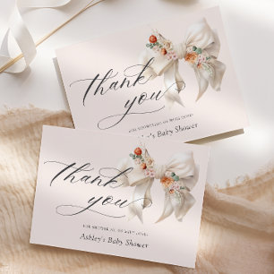 Floral White Bow Elegant Baby Shower Thank You Card