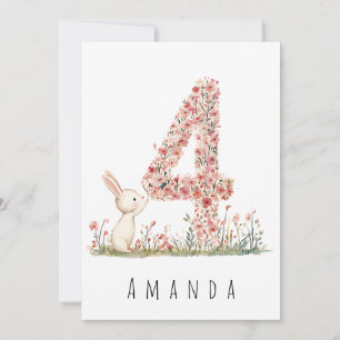 Floral White Bunny 4th Birthday Card
