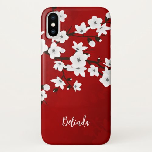 Floral White Cherry Blossom Monogram Red iPhone X Case