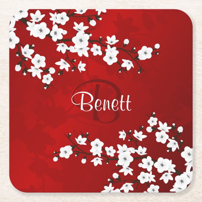 Floral White Cherry Blossom Red Add Name Monogram Square Paper Coaster (Front)