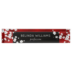 Floral White Cherry Blossom Red Black Salon Desk Name Plate