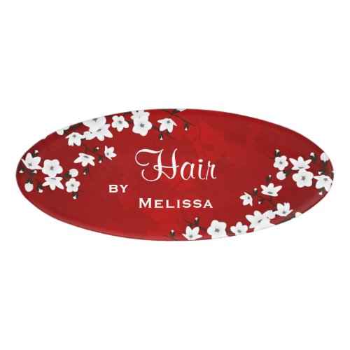 Floral White Cherry Blossom Red Hair Stylist Name Tag
