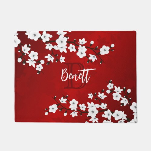 Floral White Cherry Blossom Red Monogram Add Name Doormat