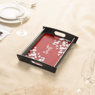 Floral White Cherry Blossom Red Monogram Add Name Serving Tray