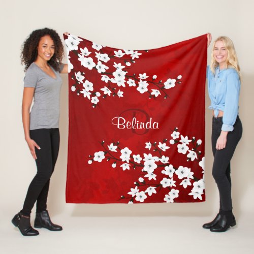 Floral White Cherry Blossoms Red Monogram Add Name Fleece Blanket