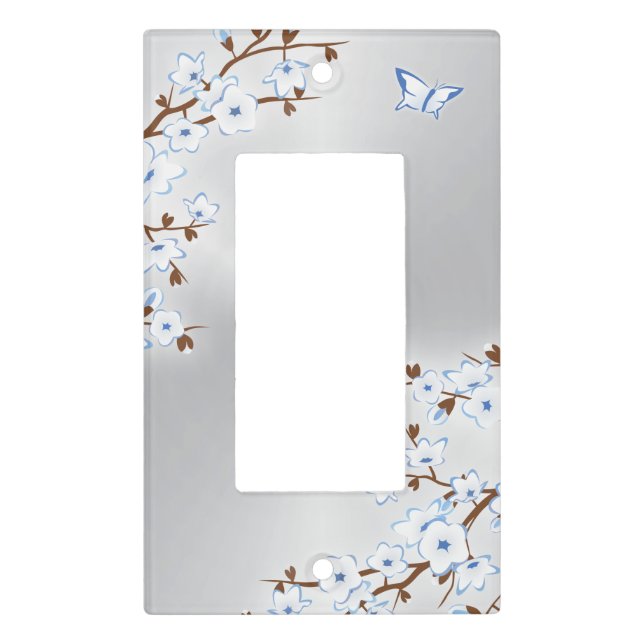 Floral White Cherry Blossoms Silver Blue  Light Switch Cover (Front)