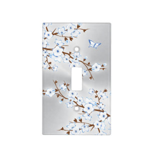 Floral White Cherry Blossoms Silver Blue Light Switch Cover