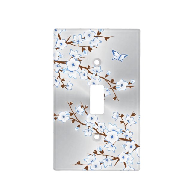 Floral White Cherry Blossoms Silver Blue Light Switch Cover (Front)