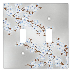 Floral White Cherry Blossoms Silver Blue Light Switch Cover