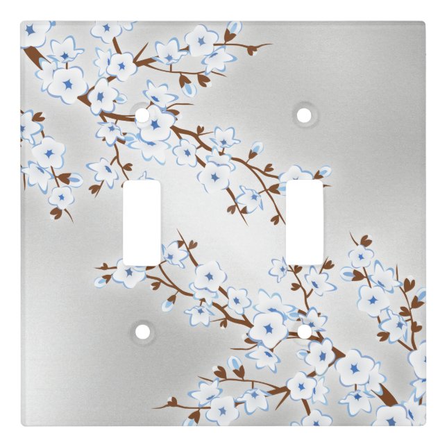 Floral White Cherry Blossoms Silver Blue Light Switch Cover (Front)