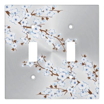 Floral White Cherry Blossoms Silver Blue Light Switch Cover by NinaBaydur at Zazzle
