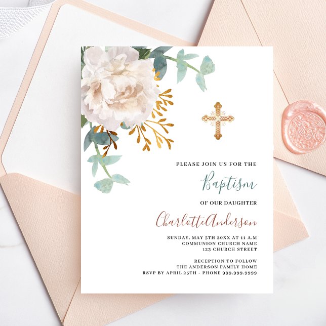 Floral white cross budgety baptism invitation (Creator Uploaded)
