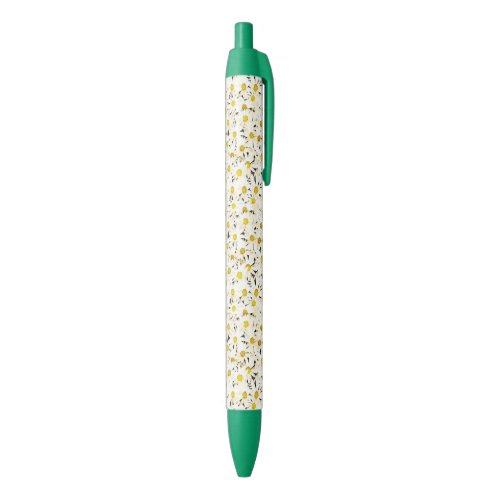 Floral White Daisies Green Trendy Design Template Blue Ink Pen